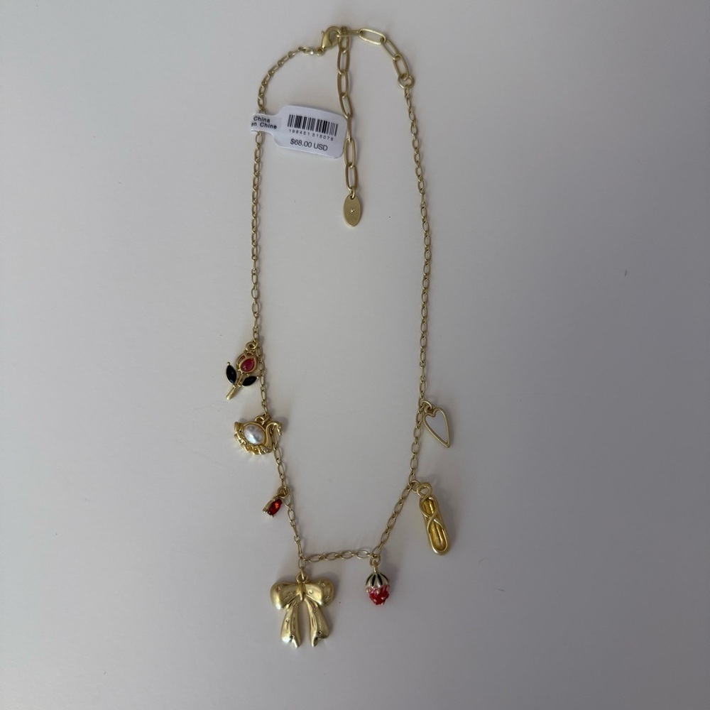 Free People - Gold Toned Charm Necklace with Whimsical Girly Coquette Charms NWT